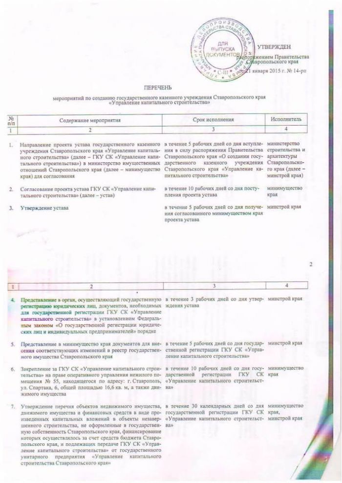 Распоряжение Правительства Ставропольского края от 21 января 2015 года №14-рп О создании ГКУ СК УКС
